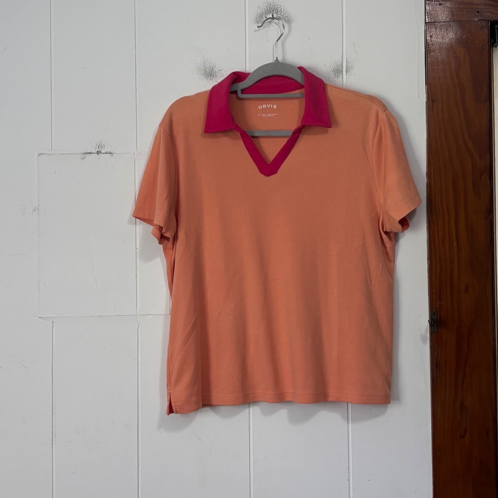 Orvis Womens Large Short Sleeve Polo Shirt Peach Orange Pink V-Neck Cotton Blend